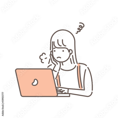 ノートパソコンを操作している女性のイラスト 悩みや不安