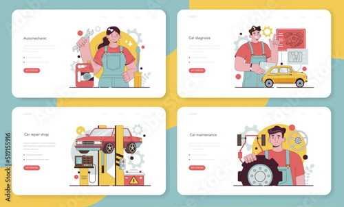 Auto mechanic web banner or landing page set. Mechanic in uniform check