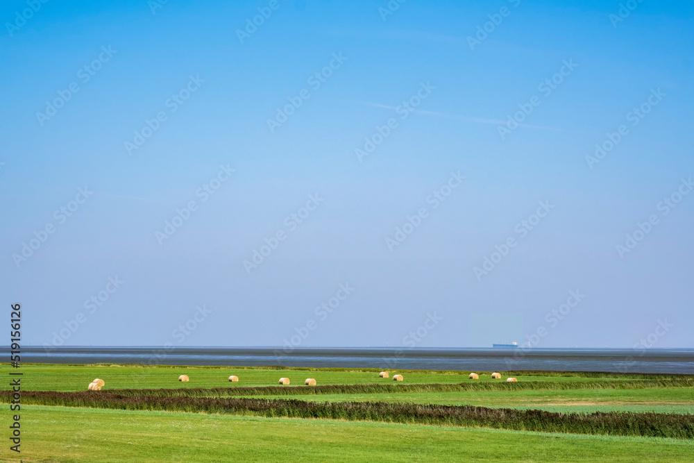 View across a green meadow with a few bales of straw towards the North Sea under a blue sky