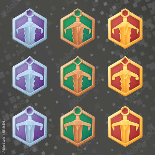 Chat rating badges for subscribers. Gold, silver, bronze icons. Hexagonal medals for game design. Vector award illustration. Eps10 vector