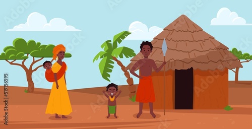 African family in front of village hut with thatched roof, vector illustration.
