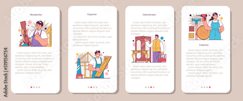 Carpenter mobile application banner set. Wooden furniture maker