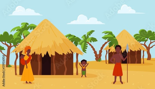 Fotografie, Obraz African landscape with huts, family and trees flat style, vector illustration