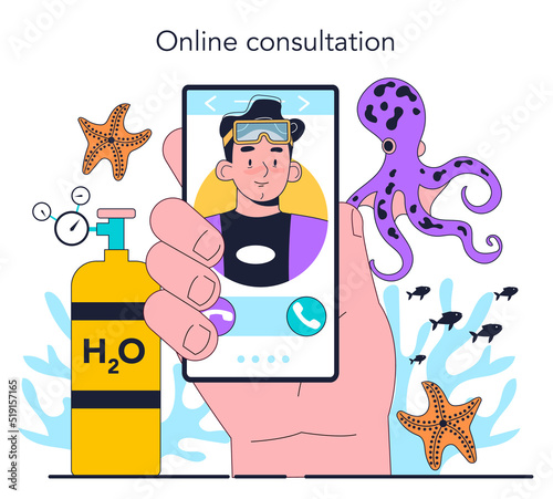 Diver online service or platform. Scuba divers swimming