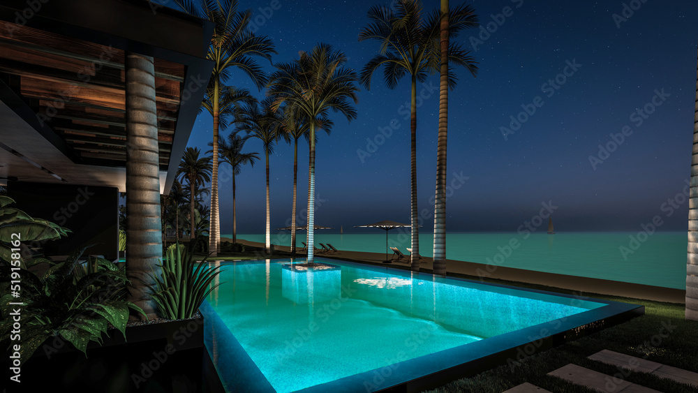 3d rendering of modern cozy house with parking and pool for sale or rent with wood plank facade by the sea or ocean. Sunset evening by the azure coast with palm trees and flowers in tropical island