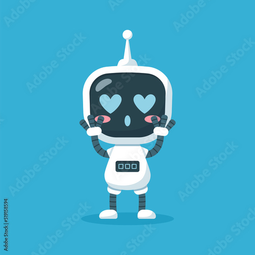 Cute white cartoon robot with heart symbols instead of eyes and pink cheeks flat style