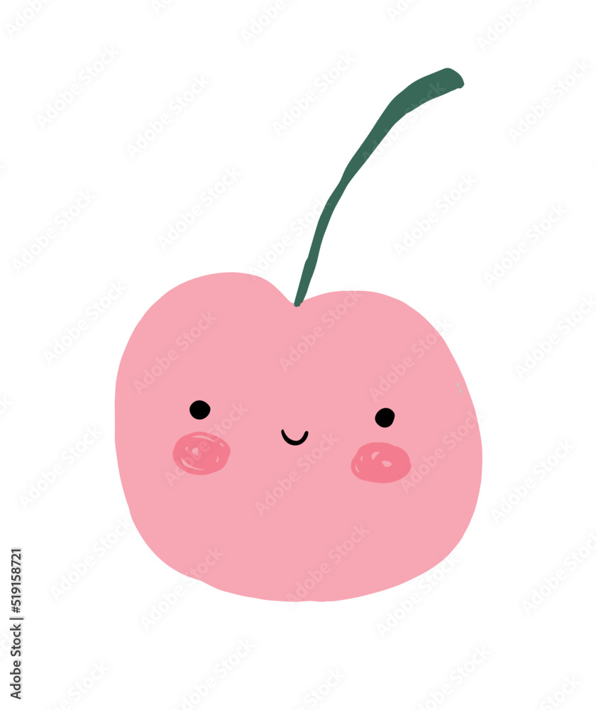 Abstract Hand Drawn Childish Style Vector Illustration with Smiling Pink Cherry on a White Background. Modern Grunge Print with Kawaii Style Fruit ideal for Wall Art, Poster, Card, Decoration. Abstract Hand Drawn Childish Style Vector Illustration with Smiling Pink Cherry on a White Background. Modern Grunge Print with Kawaii Style Fruit ideal for Wall Art, Poster, Card, Decoration.