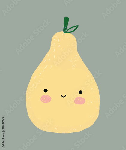 Abstract Hand Drawn Childish Style Vector Illustration with Smiling Yellow Pear on a Pale Mint Background. Modern Grunge  Print with Kawaii Style Fruit ideal for Wall Art, Poster, Card, Decoration.