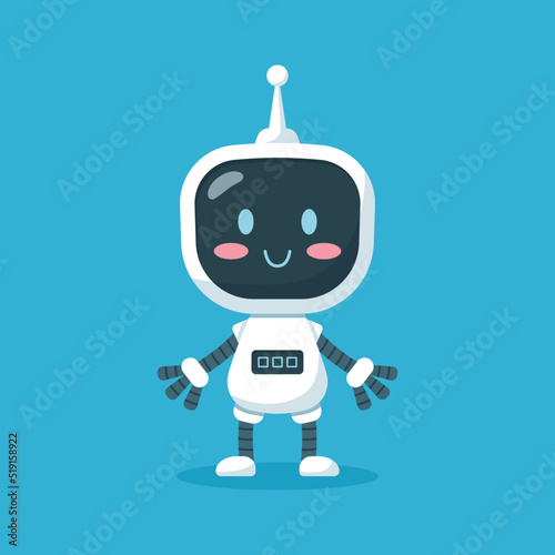 Cute friendly baby robot standing flat cartoon vector illustration isolated.