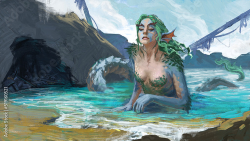 Digital painting of an evil mermaid siren hoarding stolen goods among a boat wreck on a beautiful rocky beach - fantasy illustration photo
