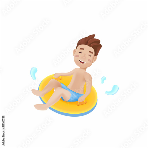 A boy in inflatable ring in 3d style. Kids having fun on water slides. Summer time.