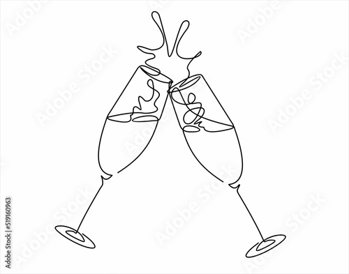 Continuous one line drawing of cheers two glasses with champagne. Romantic toast concept  in linear style isolated on white background. Vector illustration