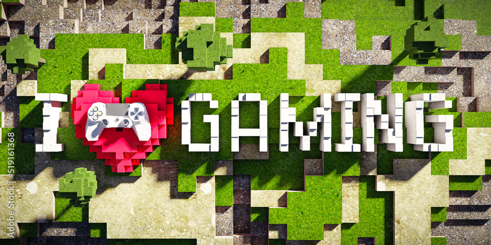 Fototapeta Blocky low poly gaming banner with “I love gaming” text – 3D render in pixelated voxel style