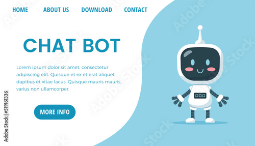 Cute chat bot character, landing page template, flat vector illustration.