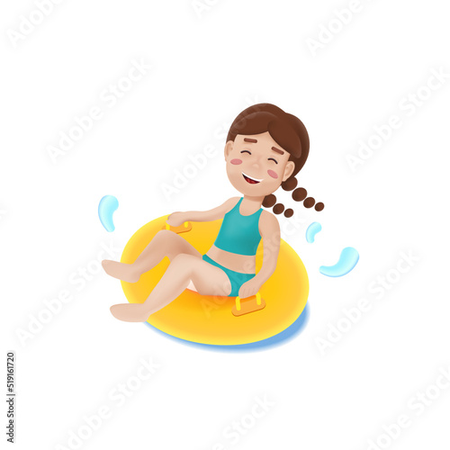 A girl in inflatable ring in 3d style. Kids having fun on water slides. Summer time.