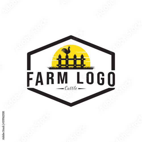 Minimalist and Simple Chicken Farm Logo.chicken farm logo vector illustration design, rooster on fence vintage logo design