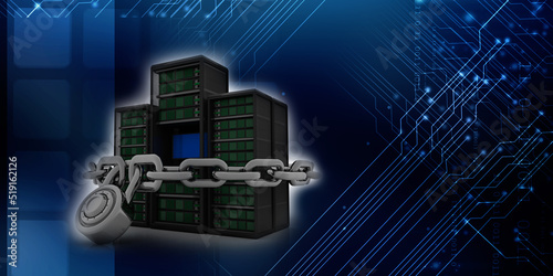 3d illustration Data center server protection lock 