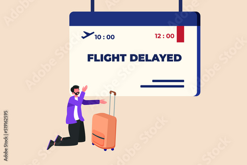 Young businessman with suitcase disappointed by flight delay. Late concept. Colored flat Vector Illustration.