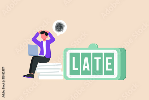Young businessman with laptop panicked because his assignment was sent late. Late concept. Colored flat Vector Illustration.