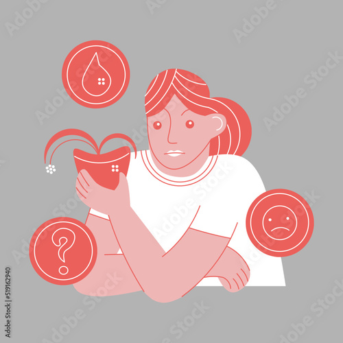Cartoon style vector illustration of a girl holding a dying plant