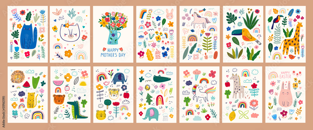 Fototapeta premium Baby posters and cards with animals and flowers pattern. Vector illustrations with cute animals. Nursery baby illustrations.