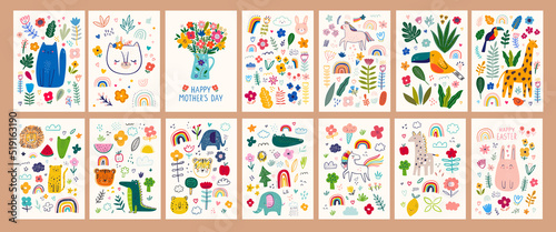 Baby posters and cards with animals and flowers pattern. Vector illustrations with cute animals. Nursery baby illustrations.
