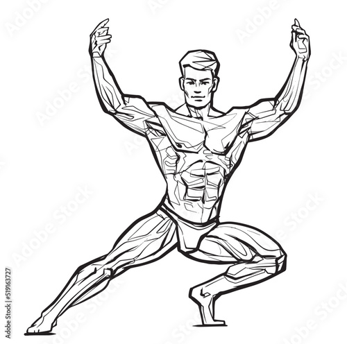Posing bodybuilder, isolated vector silhouette, ink drawing