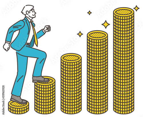 Businessman climbing up the stairs of a coin. Concept of increasing annual income and asset management [Vector illustration].