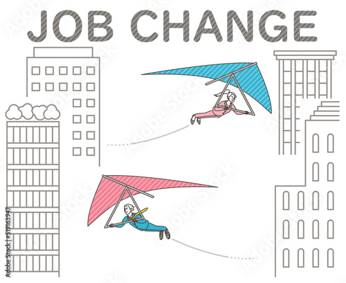 Concept of changing jobs. Male and female business person moving from building to building on hang glider [Vector illustration].