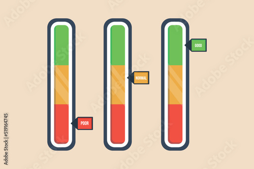 Three bar level of measurement. Color coded progress. Poor to Good for Interface. Measurement and performance concept. Flat vector illustration isolated.