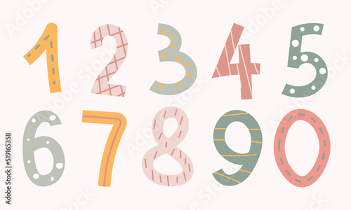 Set of hand drawn vector numbers isolated. Ten numbers form zero to nine, number flat design.