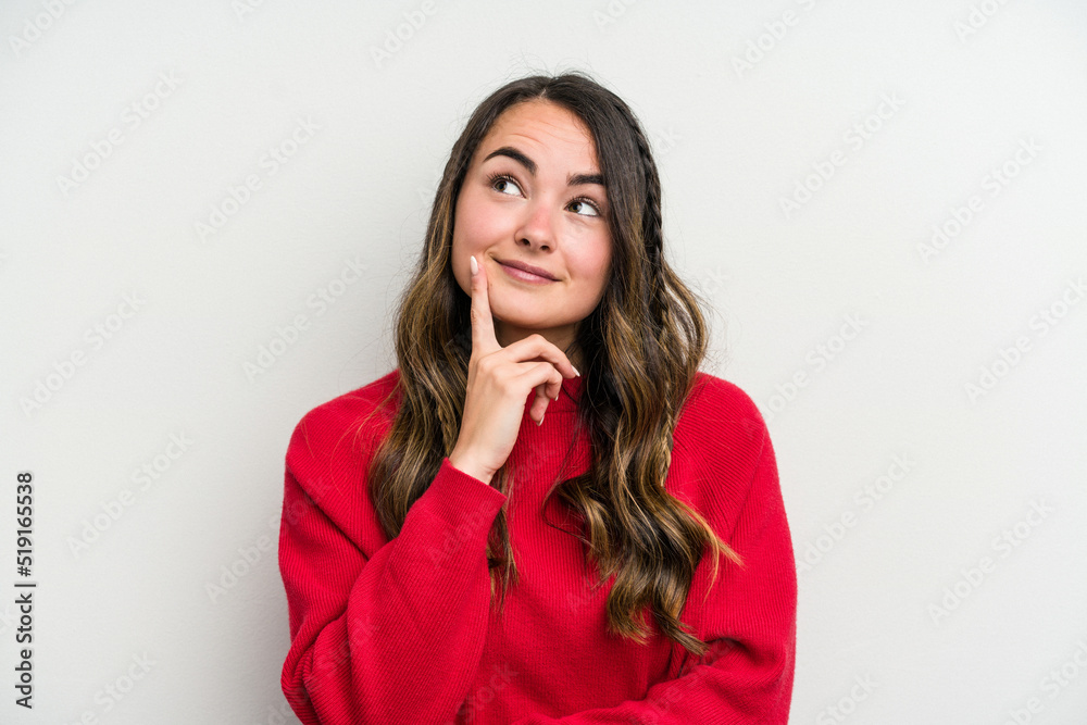 Young caucasian woman isolated on white background contemplating, planning a strategy, thinking about the way of a business. Young caucasian woman isolated on white background contemplating, planning a strategy, thinking about the way of a business.