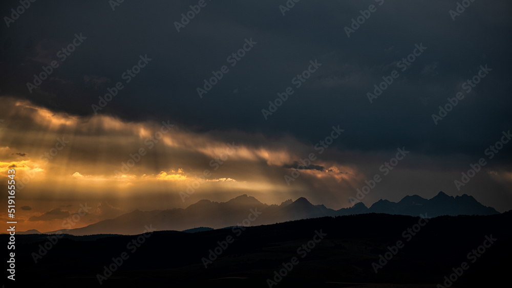 Silhouettes of the mountains against the sunset. Tatra Mountains, Slovakia.