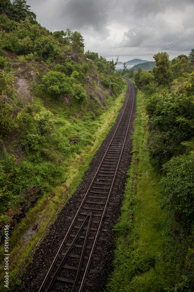 Konkan Railway track passing through hilly region of Coastal Karnataka district of Karwar, India.
