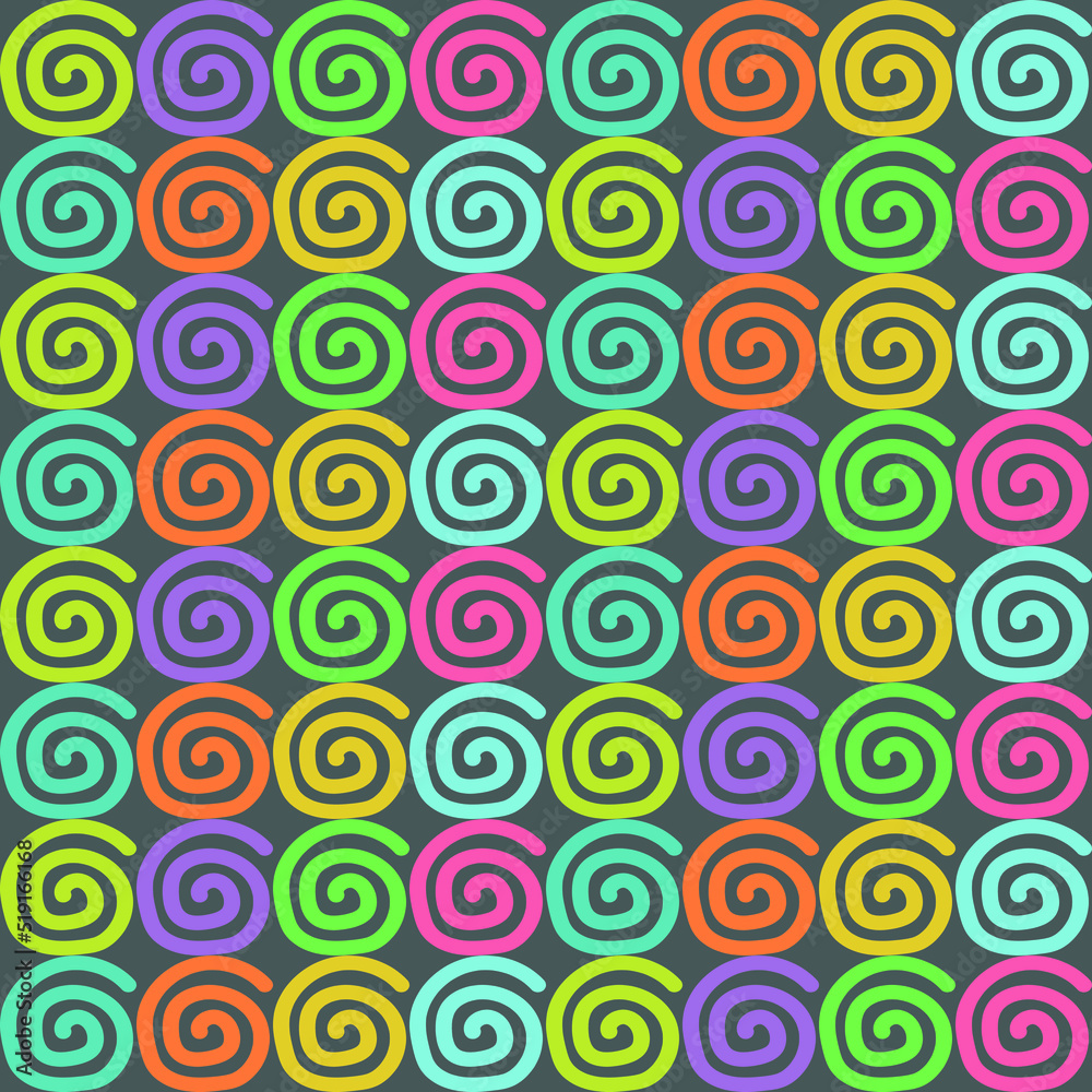 Geometric abstract seamless pattern. Colorful spiral lines on dark background. Vector illustartion.