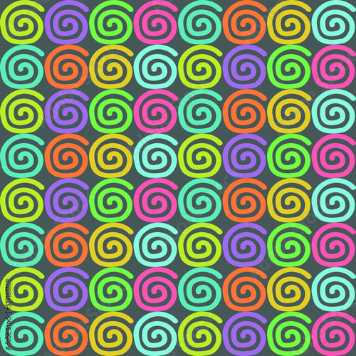 Geometric abstract seamless pattern. Colorful spiral lines on dark background. Vector illustartion.