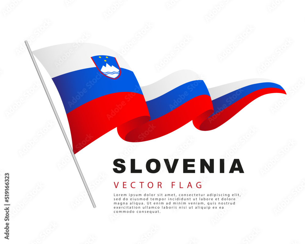 The flag of Slovenia hangs on a flagpole and flutters in the wind. Vector illustration isolated on white background. The flag of Slovenia hangs on a flagpole and flutters in the wind. Vector illustration isolated on white background.