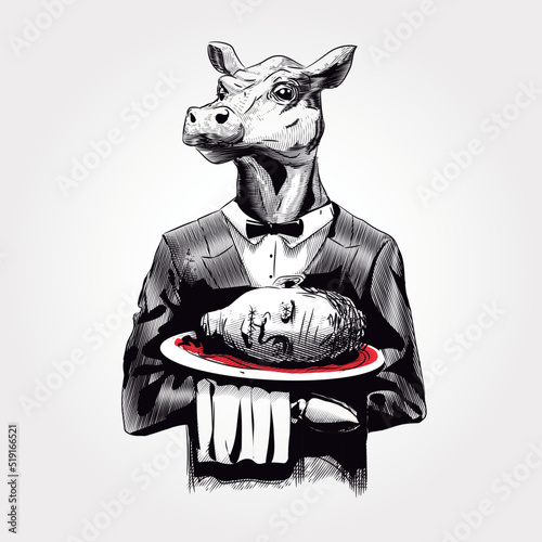 cow waiter. funny image with a bit of black humor, where we see a waitress cow serving a human head, ideal to give to our vegetarian or vegan friends, or simply take it yourself.