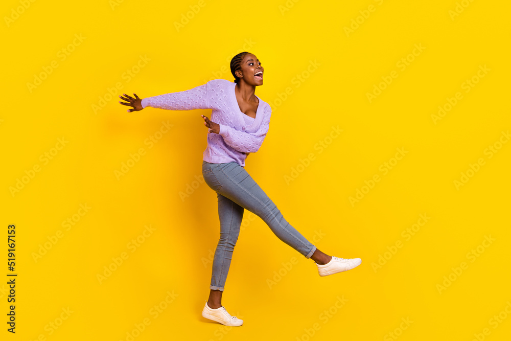 Full size photo of crazy overjoyed person enjoy dancing clubbing isolated on yellow color background