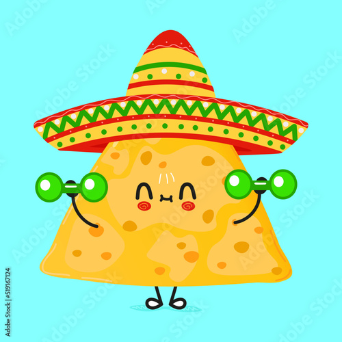 Cute funny nachos character with dumbbells. Vector hand drawn cartoon kawaii character illustration icon. Isolated on blue background. Nachos character gym concept