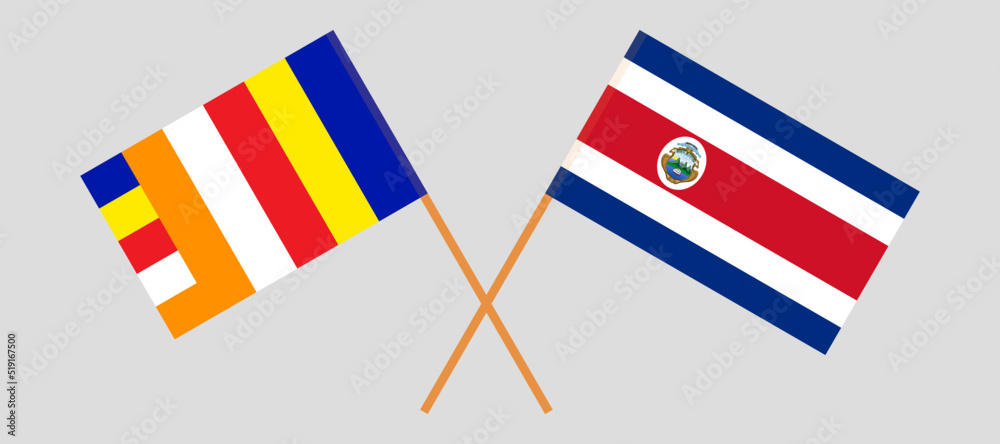 Crossed flags of Buddhism and Costa Rica. Official colors. Correct proportion