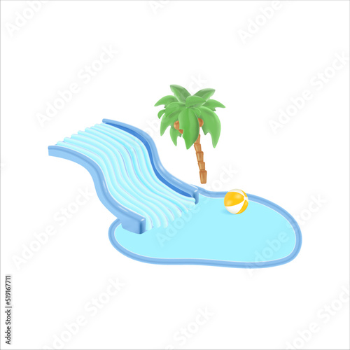 Blue plastic water slide with tree palm, swimming pool and ball. Vector 3d illustration concept for aquapark lending page.