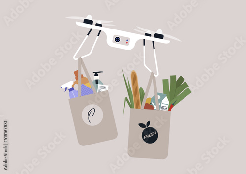 A drone delivering grocery and cleaning products in brown tote bags, a supermarket organic products purchase