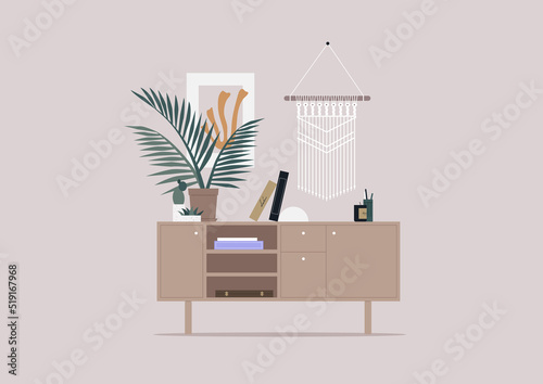 Vintage home interior, a cabinet with storage compartments, and cozy accessories