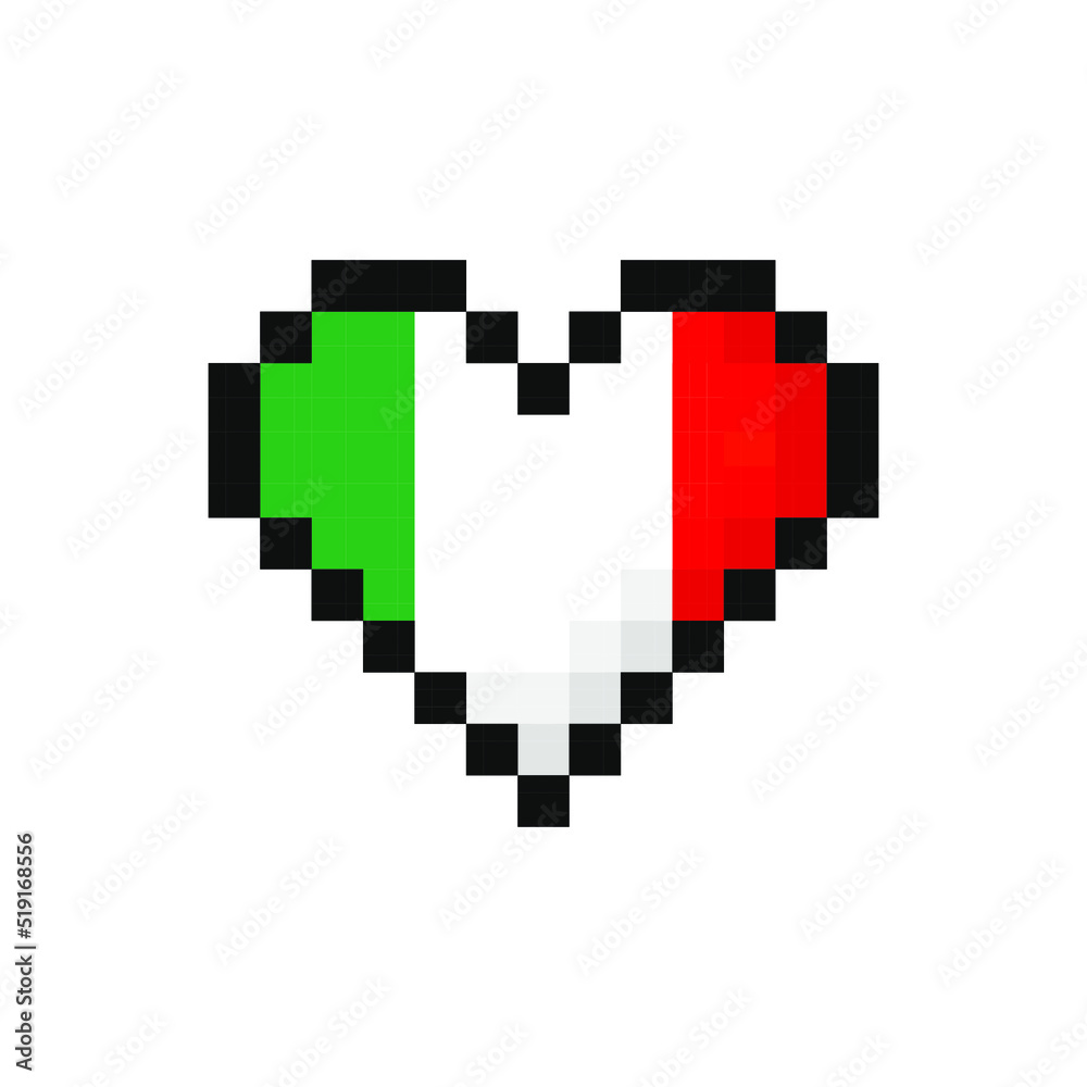 Pixel art Italy flag in the shape of a heart. Vector illustration. Pixel art Italy flag in the shape of a heart. Vector illustration.