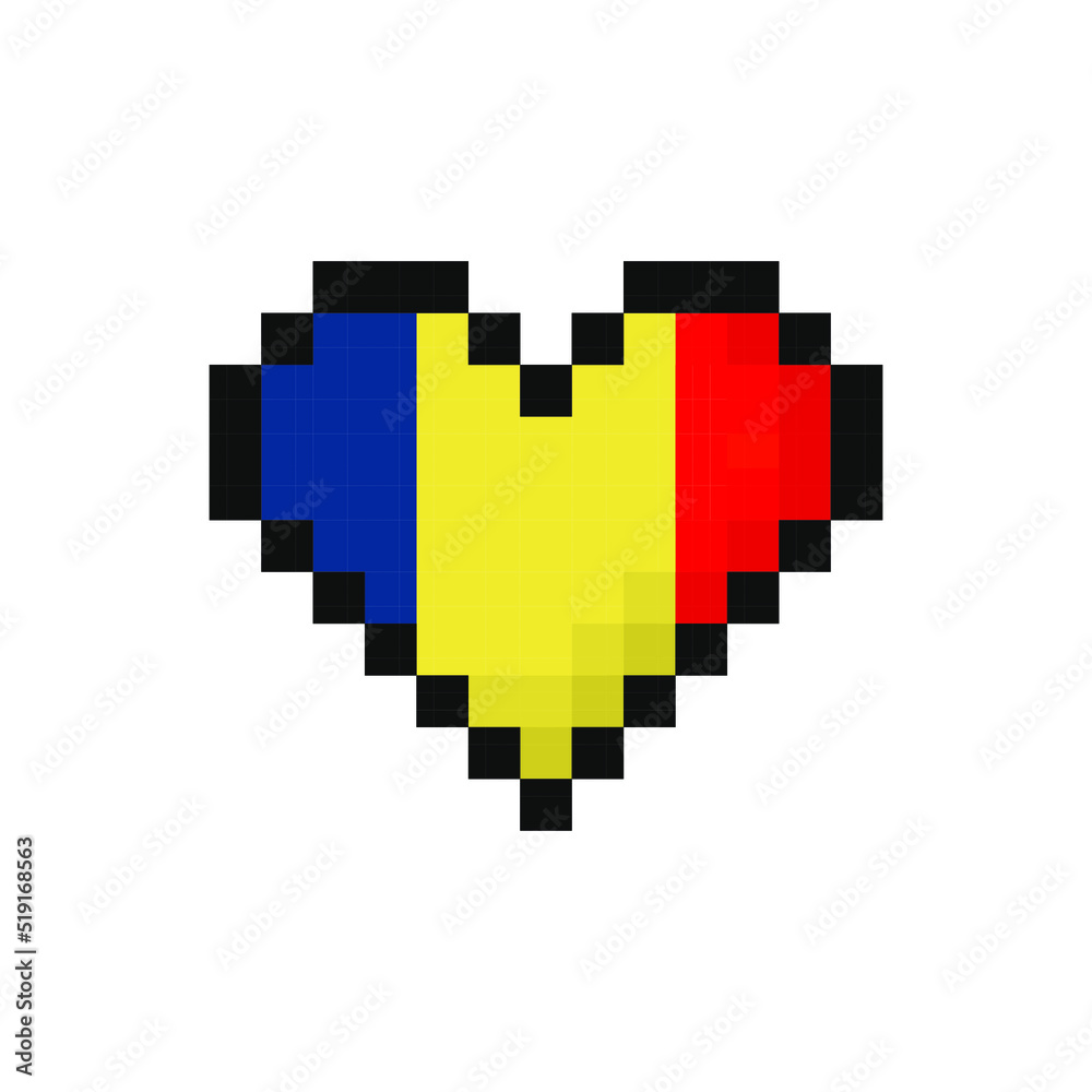 Obraz premium Pixel art Romania flag in the shape of a heart. Vector illustration.