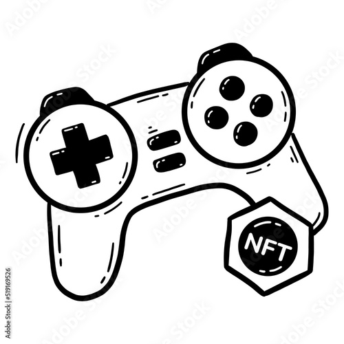 NFT game asset, gamepad joystick icon and cryptocurrency token doodle icon