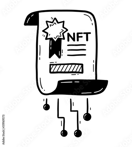 NFT non-fungible token cryptographic ownership certificate, a digital document for cryptocurrency doodle icon
