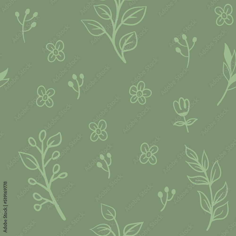 Leaves and flowers seamless pattern. Doodle nature elements background texture. Botanical design. Leaves and flowers seamless pattern. Doodle nature elements background texture. Botanical design.