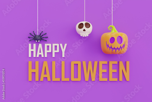 Happy Halloween with Jack-o-Lantern pumpkins character on purple background, traditional october holiday, 3d rendering.